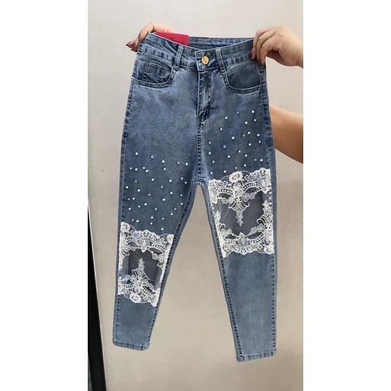 Quần Jean Lưng Cao Dáng Bút Chì Rách Gối Phối Ren Đính Hạt Thời Trang Mùa Xuân Kiểu Phương Tây Cho Nữ