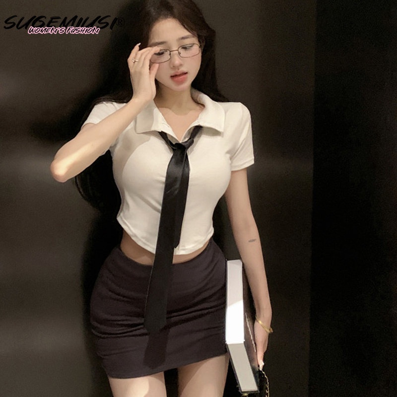 Set Áo Thun Ngắn Tay Thắt Cà Vạt + Chân Váy Ngắn Màu Trơn Thời Trang Nữ