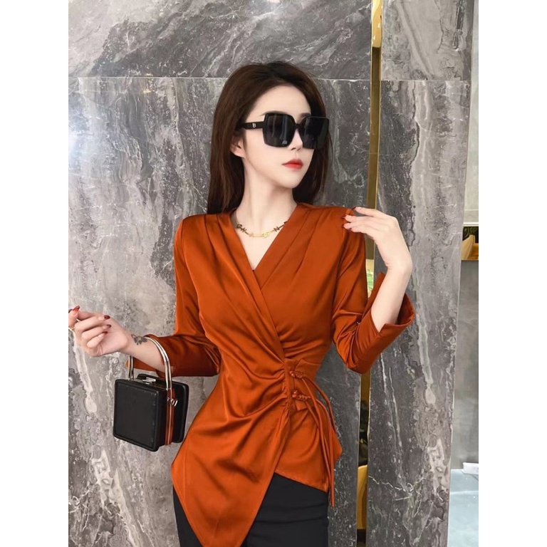 Áo Sơ Mi Tay Dài Cổ Chữ V Thiết Kế Độc Đáo Quyến Rũ
