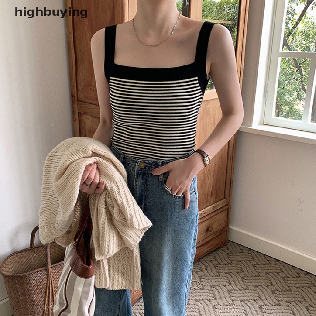 Áo Croptop Dệt Kim Hai Dây Họa Tiết Kẻ Sọc Phong Cách Vintage