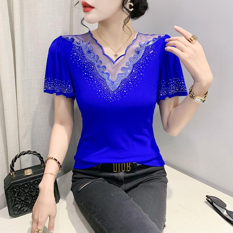 Áo Thun Ngắn Tay Phối Bèo Đính Đá Thời Trang Cho Nữ áo kiểu trễ vai áo lưới dài tay