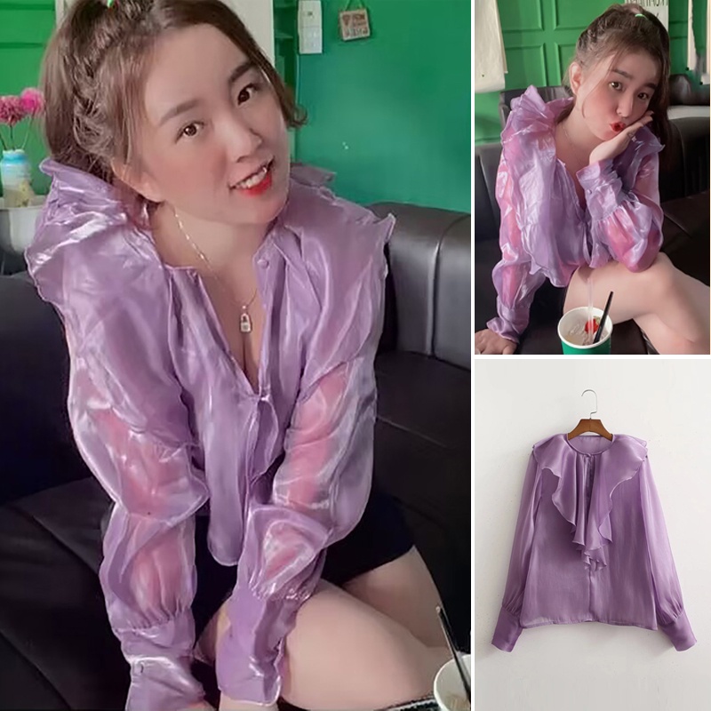 Áo Sơ Mi Lụa Sáng Cổ Tròn Hai Lớp Tay Dài Cổ Lá Sen Kiểu Pháp Thời Trang Mùa Hè Zara 23