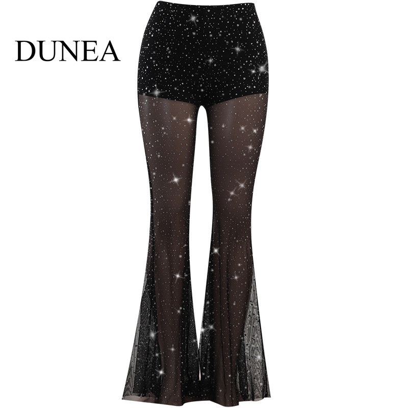 DUNEA Quần Dài Nữ Ống Loe Phối Lưới Thời Trang