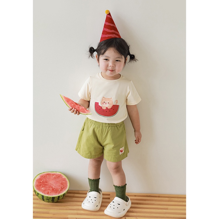 Bộ Áo Thun In Hoạt Hình Phối Quần Short Legging Màu Xanh Lá Thời Trang Mùa Hè 2023 Cho Bé Gái