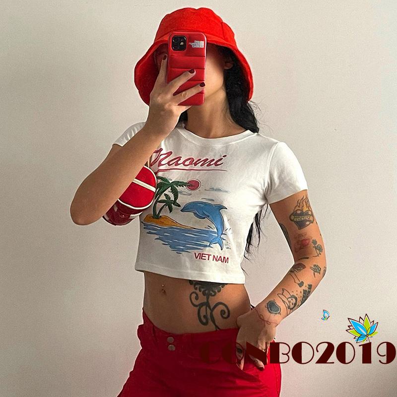 Áo Thun Crop Top Tay Ngắn Cổ Tròn In Chữ Thời Trang Mùa Hè Cho Nữ