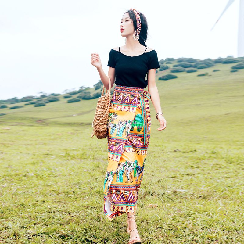 Váy Dài Xẻ Tà Một Mảnh Phong Cách Dân Tộc Thái Lan Mùa Hè Phiên Bản Phương Tây Mặc Đi Nghỉ Mát