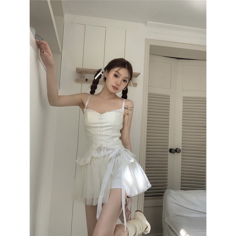 [F &amp; X] Áo Ba Lê Ngắn Phối Ren Màu Trắng Thiết Kế Độc Đáo Phong Cách Hàn Quốc Ngọt Ngào Thời Trang Mùa Hè Cho Nữ