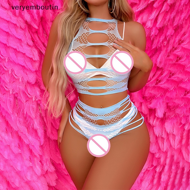 Bộ Đồ Lót 2 Mảnh Áo Ngực Lưới Cá Khoét Rỗng Màu Xanh Nhạt Không Tay Quyến Rũ Cho Nữ