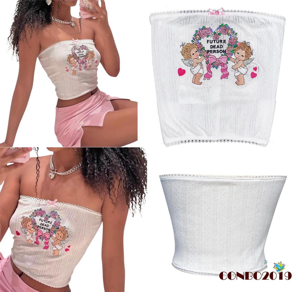 Áo Croptop Trễ Vai Không Tay Thêu Họa Tiết Thiên Thần Thời Trang Mùa Hè Cho Nữ