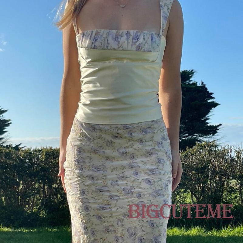 Áo Crop Top Y2K Không Tay Cổ Vuông Hở Lưng Họa Tiết Hoa Phong Cách Vintage Dễ Thương