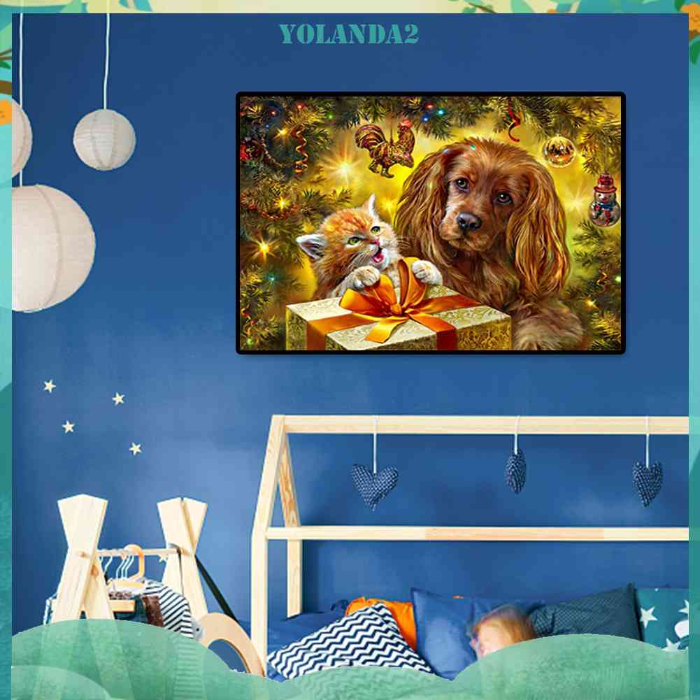 Tranh Đính Đá Kim Cương Toàn Bộ 5D DIY Hình Chó Mèo Giáng Sinh