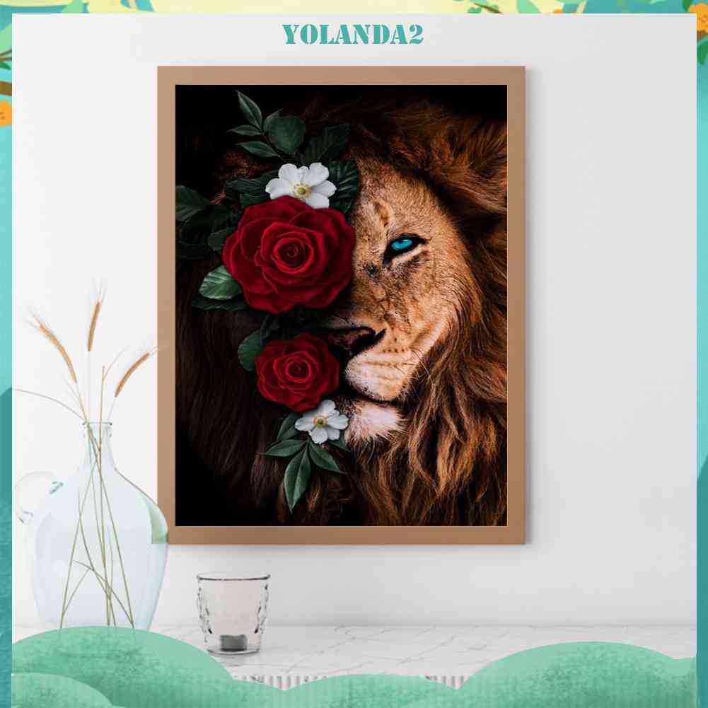 Tranh Đính Đá Kim Cương Toàn Bộ 5D DIY Hình Vẽ Sư Tử Hoa Hồng
