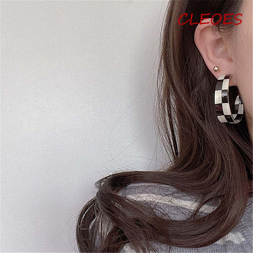 Bông Tai Mạ Bạc 925 Hình Chữ C Họa Tiết Sọc Caro Trắng Đen Phong Cách Retro|Khuyên Tai Họa Tiết Hình Học Độc Đáo
