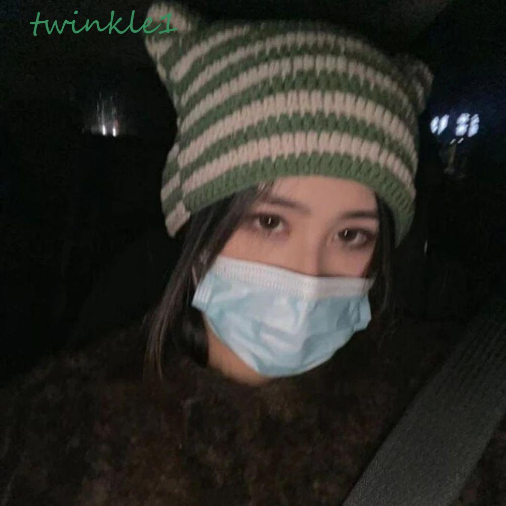 Mũ Len Lấp Lánh Họa Tiết Kẻ Sọc Dễ Thương Thời Trang Đường Phố Mùa Đông Cho Nữ
