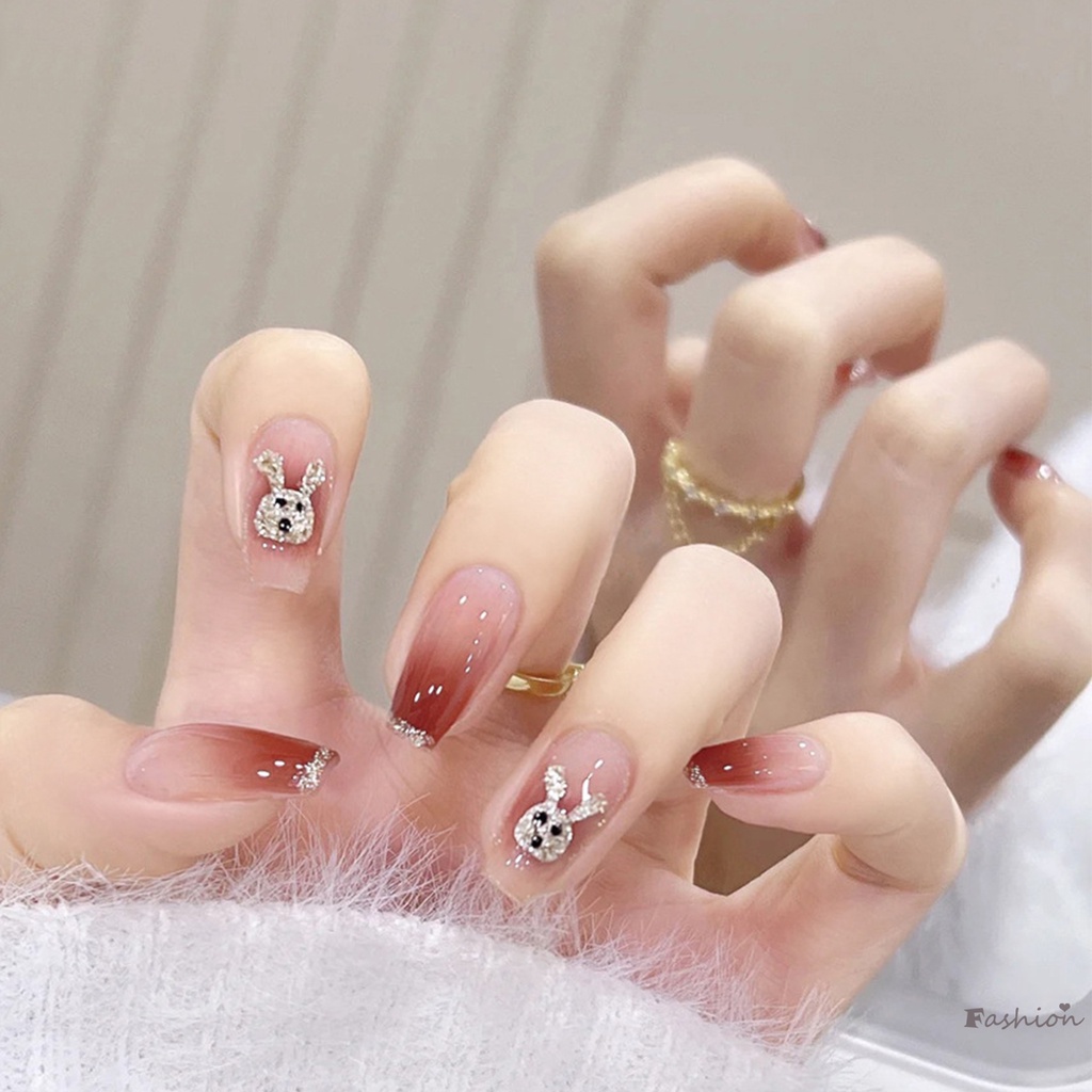 Móng Tay Giả In Hình Thỏ Hồng Dễ Thương Có Thể Tái Sử Dụng