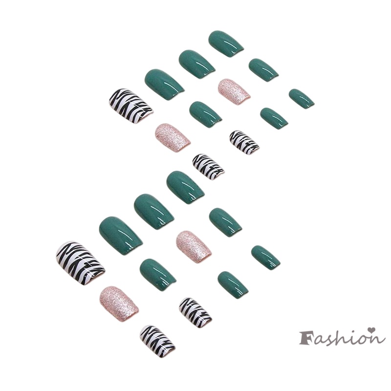 Móng Tay Giả Ngắn Màu Xanh Lá Có Kim Tuyến Che Phủ Toàn Diện Ngọt Ngào Và Quyến Rũ Có Thể Tái
