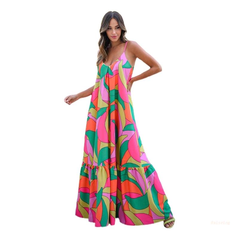 Đầm Dài Không Tay Cổ Chữ V Sâu Hở Lưng In Họa Tiết Nhiều Màu Phong Cách Boho Thời Trang Mùa Hè Cho Nữ