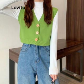 Áo khoác cardigan Lovito không tay cổ chữ V màu trơn cơ bản phong cách giáng sinh preppy L07114 (Màu xanh lá)