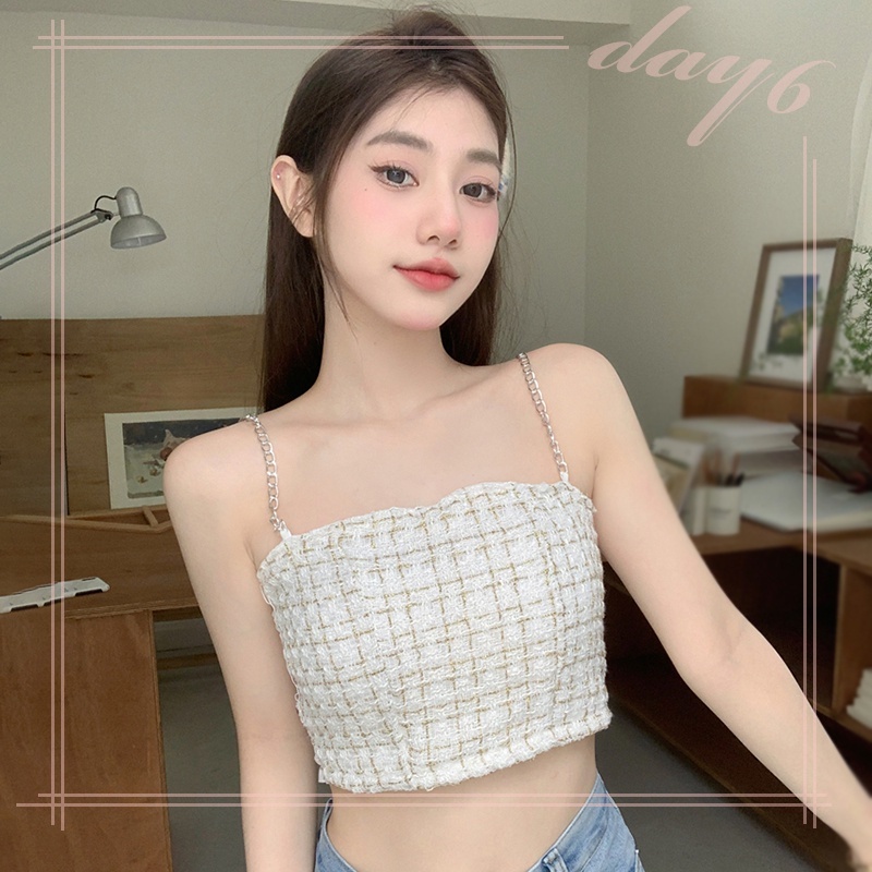 Áo Croptop Hai Dây Vải Lụa Họa Tiết Kẻ Sọc Dáng Ôm Thời Trang Quyến Rũ Cho Nữ