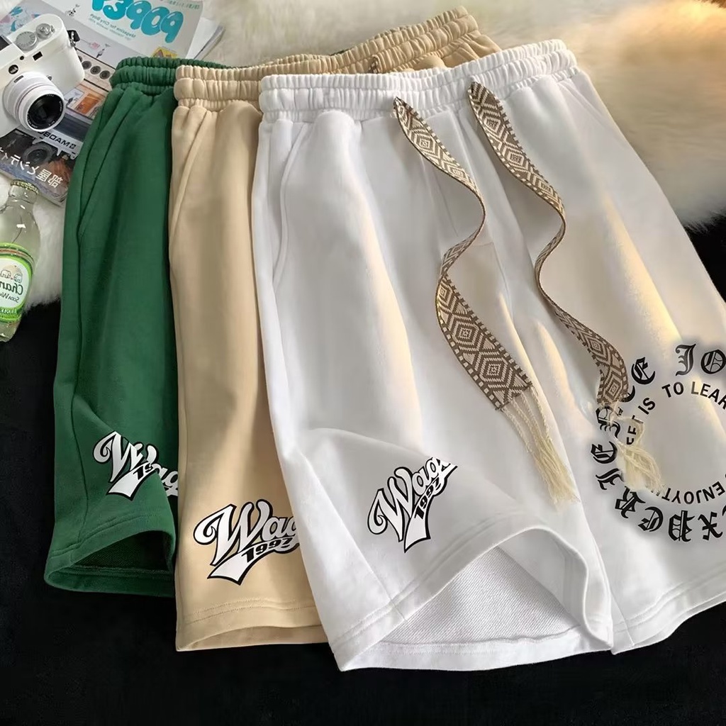 Quần Short Kaki Dây Rút Màu Trắng Đen In Chữ Phong Cách Hàn Quốc Thời Trang Cho Nam Size M-5XL