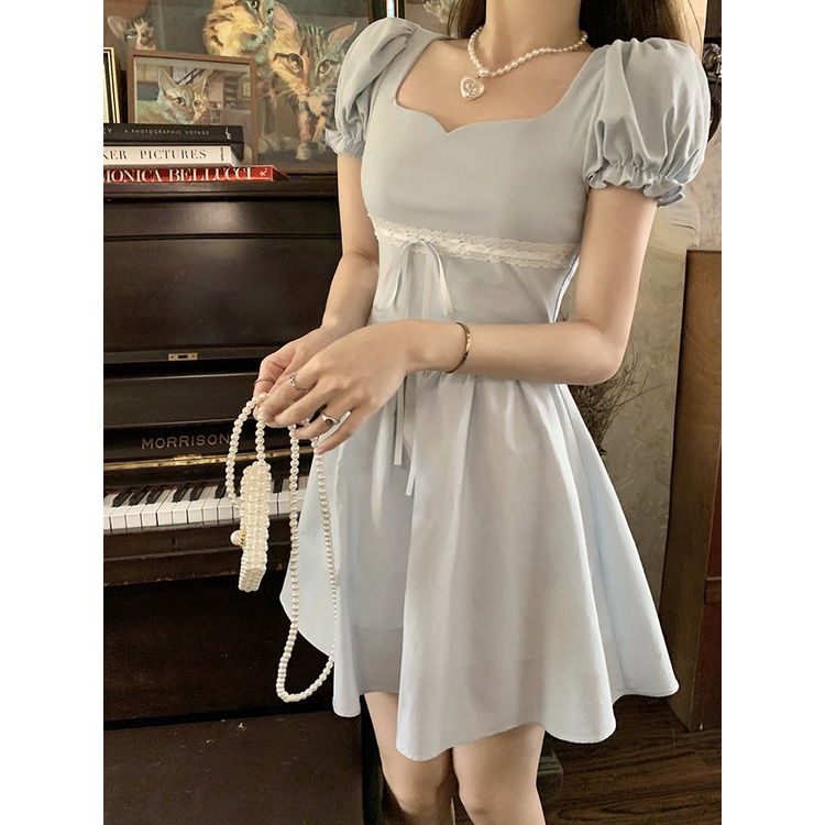 Đầm Dài Dệt Kim Tay Phồng Cột Nơ Phối Họa Tiết Xinh Xắn Thời Trang Cho Nữ