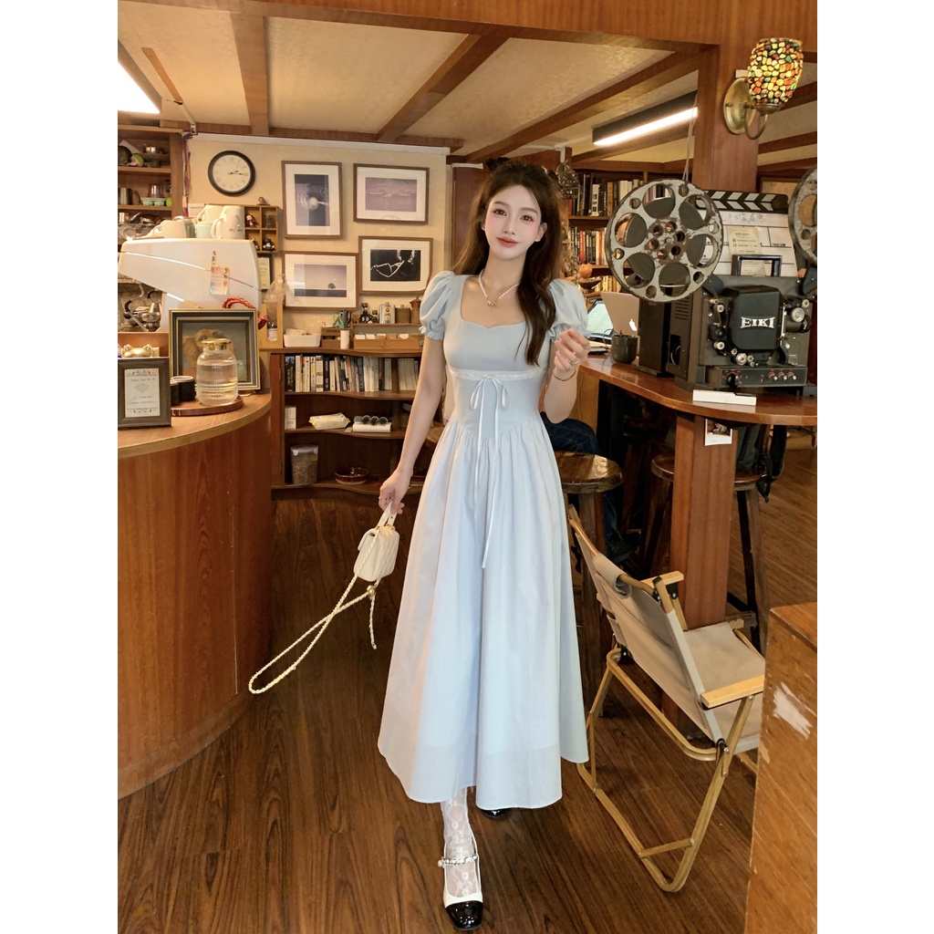 Đầm Dài Dệt Kim Tay Phồng Cột Nơ Phối Họa Tiết Xinh Xắn Thời Trang Cho Nữ