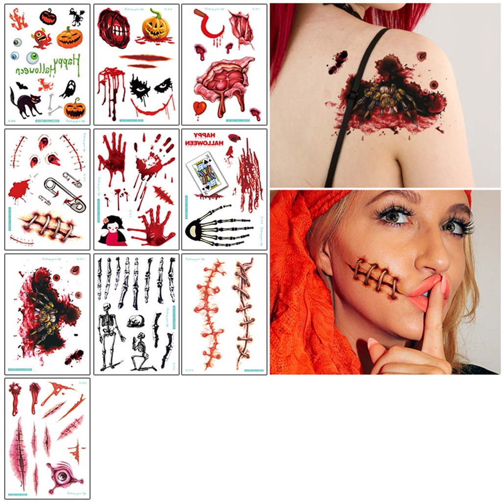 Set 10 Hình Xăm Dán Tạm Thời Chống Nước Siêu Mỏng Đa Năng Phong Cách Halloween