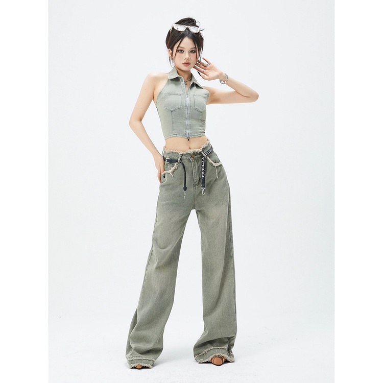 COZOK Áo denim Không Tay Phối Khóa Kéo Phong Cách retro Thời Trang