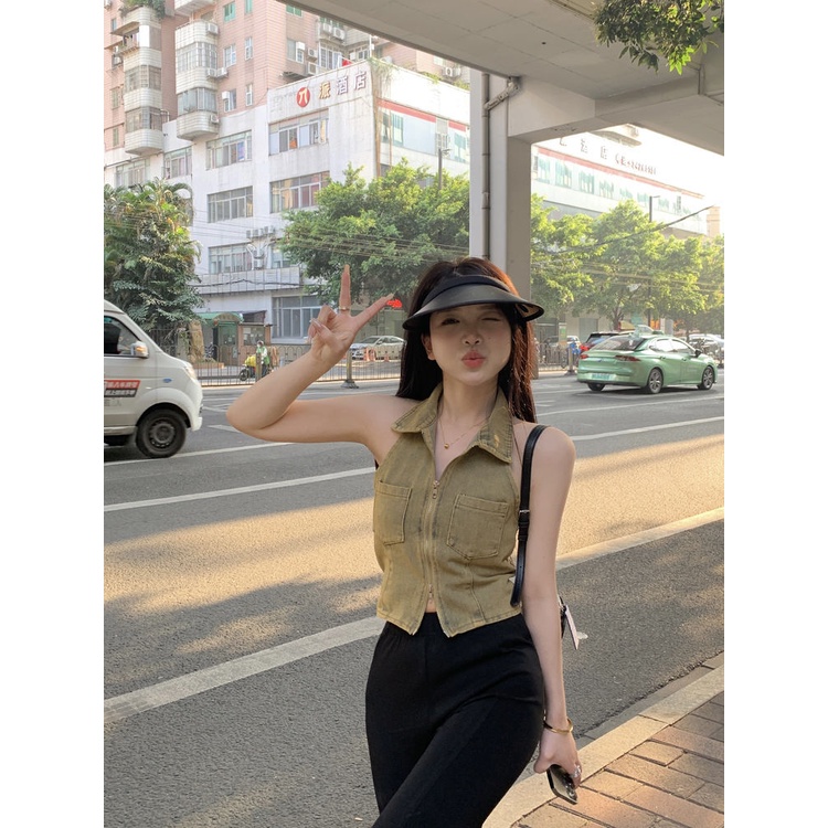 Áo baby tee Thun croptop Denim Không Tay Cổ polo Lưng Ngắn Phối Khóa Kéo Thời Trang Dành Cho Nữ