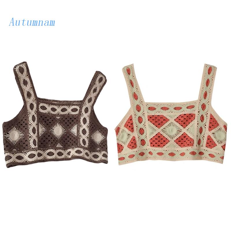 Áo Croptop Dệt Kim Họa Tiết Hình Học Phong Cách Bohemian Thời Trang Mùa Hè Cho Nữ