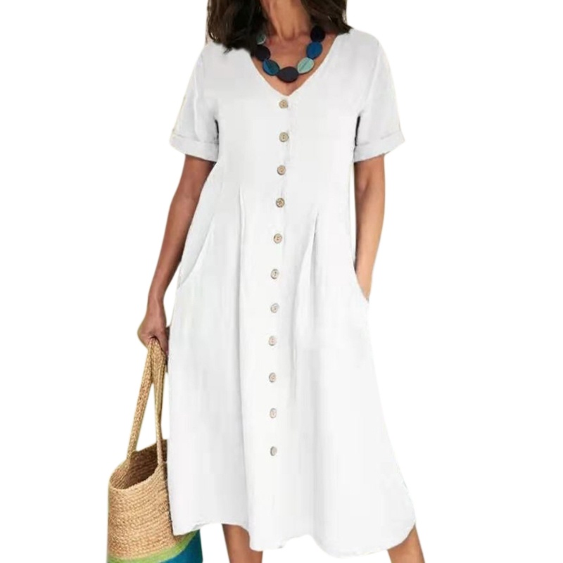 Đầm Dài Tay Ngắn Cổ Chữ V Eo Cao Có Túi Thời Trang Dành Cho Nữ