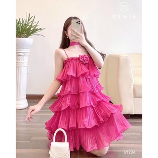 Đầm midi cổ yếm dập ly tầng hồng sen hoa to giữa ngực angi home