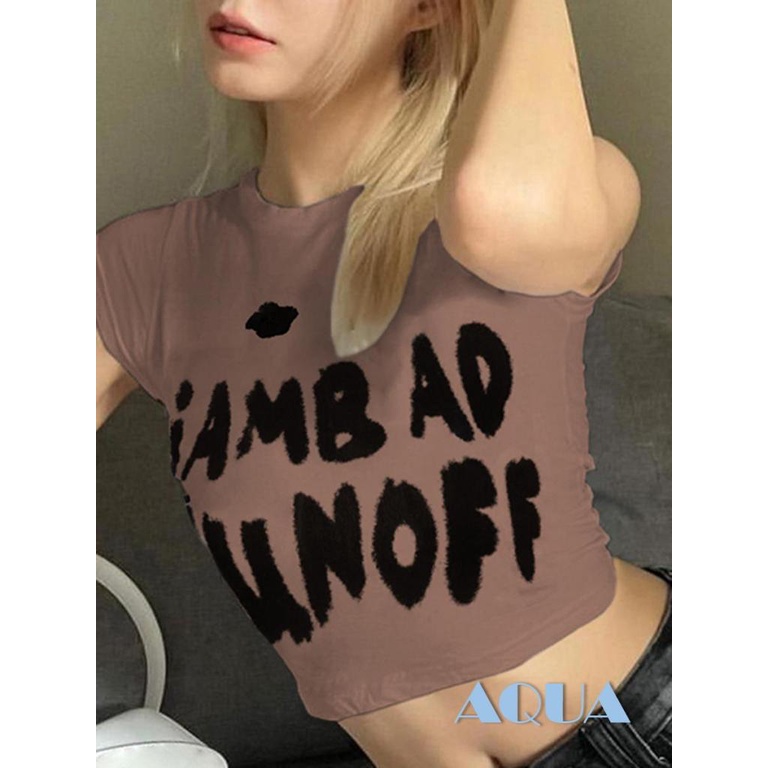 Áo Thun Crop Top Tay Ngắn Cổ Tròn In Chữ Thời Trang Mùa Hè Cho Nữ