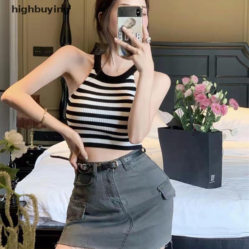 Áo Hai Dây Dệt Kim Họa Tiết Kẻ Sọc Vintage Quyến Rũ Cho Nữ