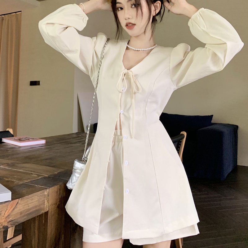 Bộ Áo Tay Dài Buộc Dây Eo Cao + Quần Short Phong Cách Pháp Thời Trang Cho Nữ