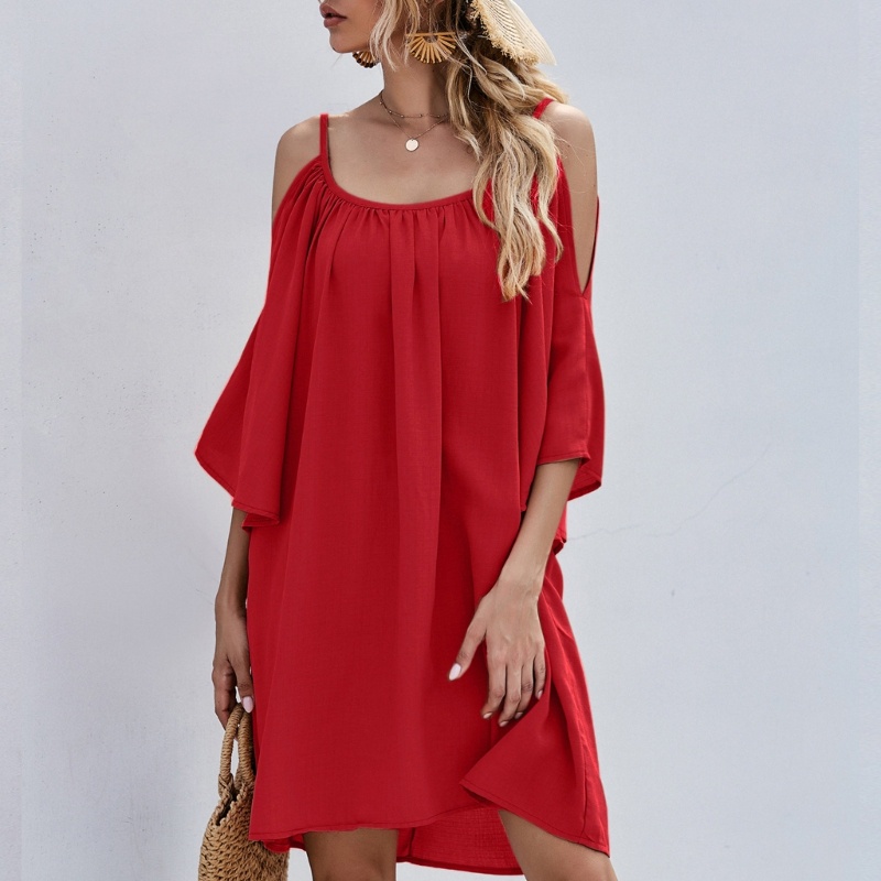 Đầm Mini Dáng Suông Hở Vai Màu Trơn Thời Trang Cho Nữ