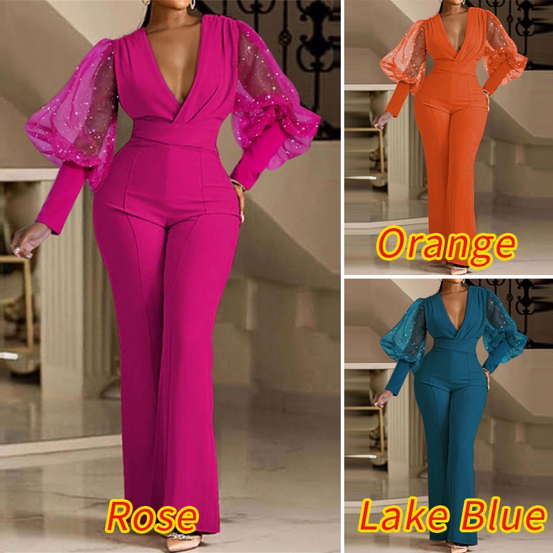 Áo liền quần VONDA dáng chữ X cổ chữ V tay phồng màu trơn phong cách cổ điển dành cho nữ