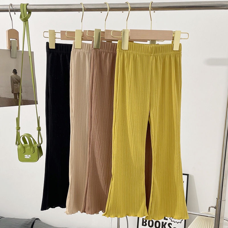 Quần Ống Loe Dài 90-160CM Bằng Lụa Mát Phối Ren Màu Trơn Dễ Thương Thời Trang Mùa Hè Cho Bé Gái