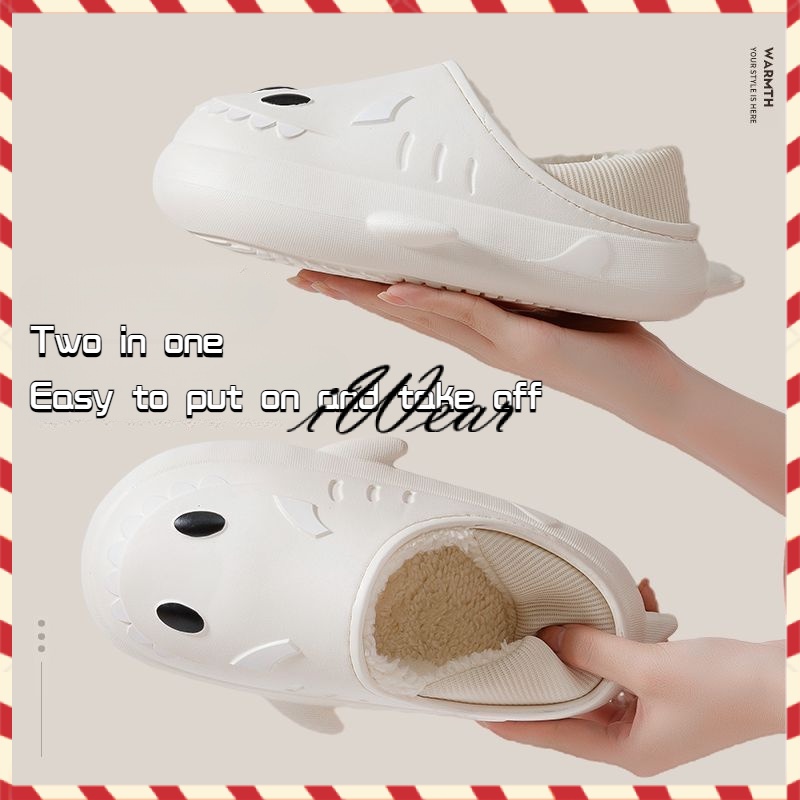 Dép bông cá mập hoạt hình nữ, Dép mùa đông đế dày chống thấm nước, Giày cotton mỉm cười dễ thương