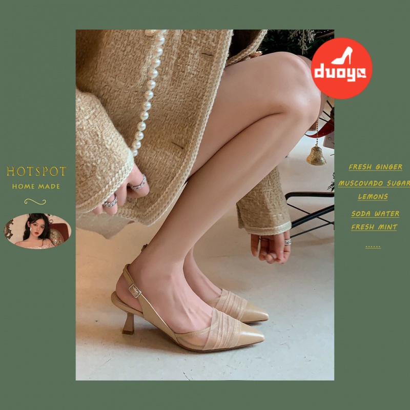 Giày Cao Gót Mũi Nhọn Hở Ngón Phối Lưới Dây Đeo Sau Lưng Dễ Phối Đồ Thời Trang Cho Nữ