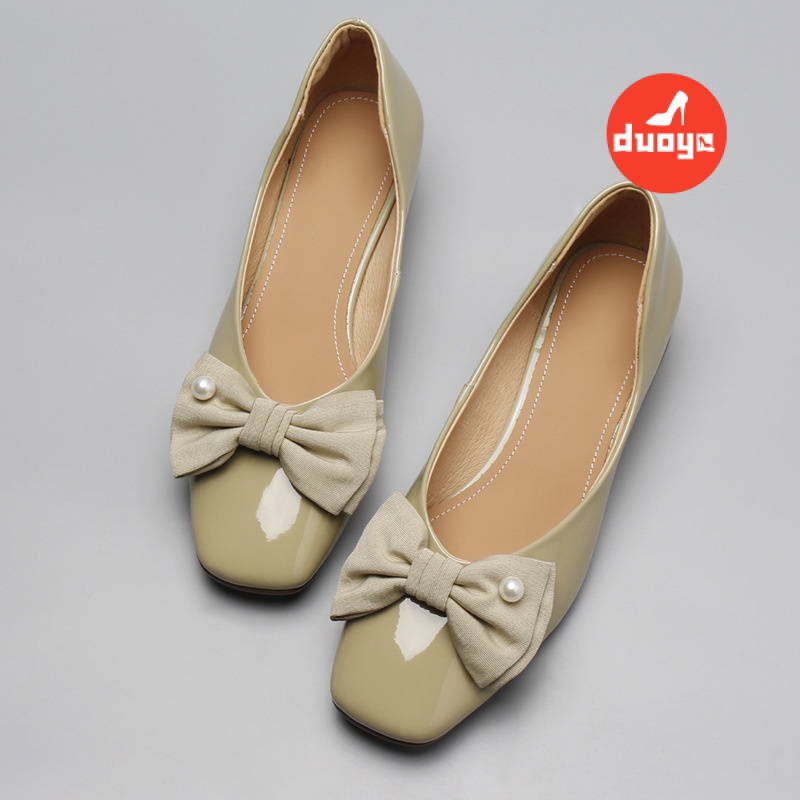 Duoya Tóc Thẳng ~ [Hàng Có Sẵn] Giày Gót Dày Mũi Vuông Miệng Nông Đính Nơ Thanh Lịch Cho Nữ Miễn Phí Vận Chuyển