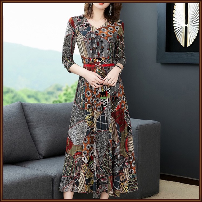 Đầm Midi Thắt Eo In Họa Tiết Thời Trang Xuân Hè Cho Nữ