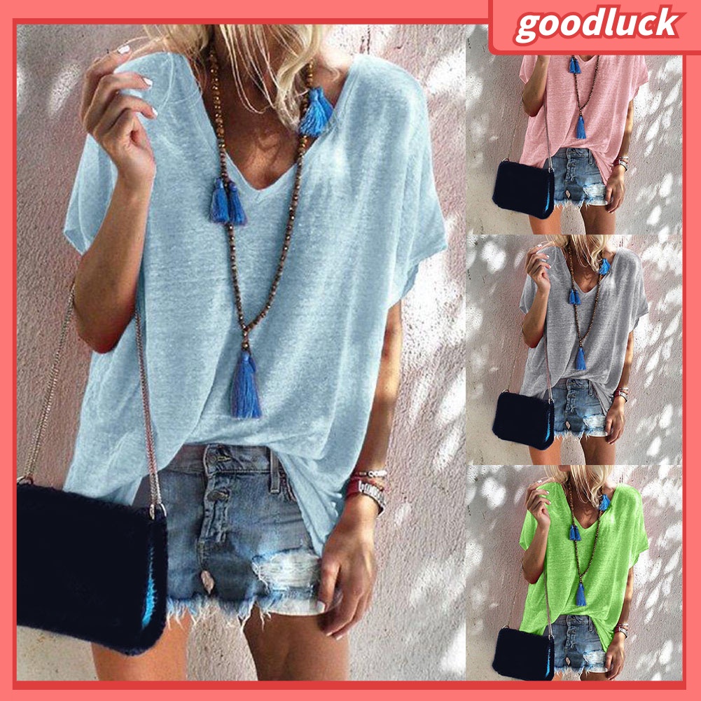 Áo Thun Tay Ngắn Cổ Chữ V Màu Sắc Đơn Giản Dành Cho Nữ