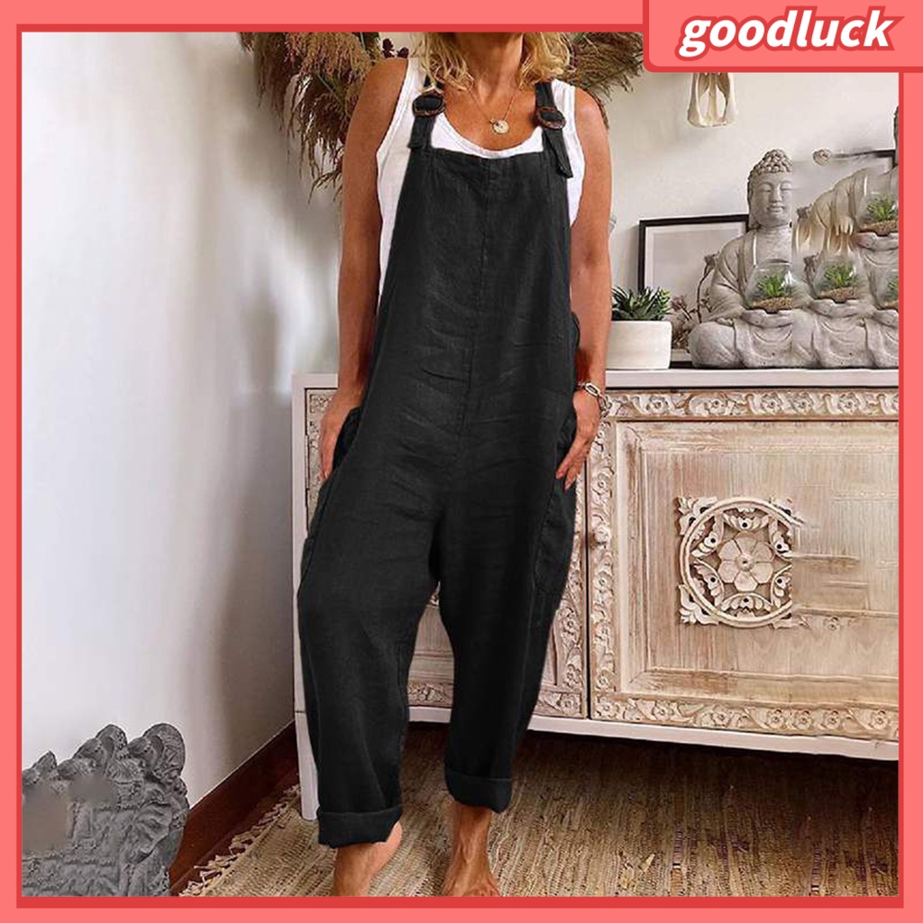 Bộ Áo Liền Quần Hai Dây Màu Trơn Ống Rộng Có Túi Tùy Chỉnh Thời Trang Cho Nữ