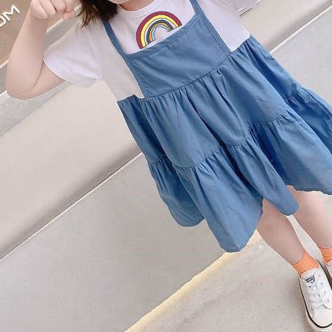 Đầm Công Chúa Hàn Quốc Tay Cộc Dáng Rộng Giả Hai Lớp Màu Cầu Vồng Mùa Hè