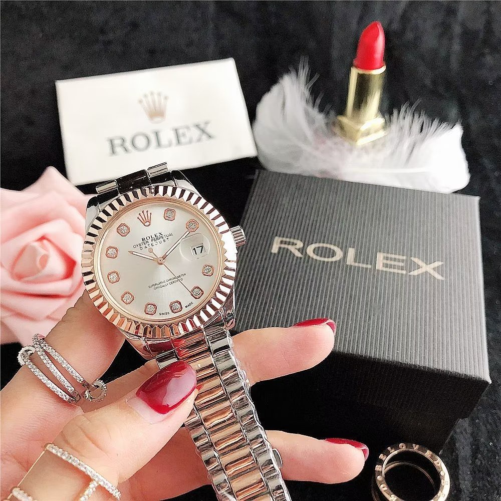 Đồng Hồ Rolex Mặt Tròn Đính Kim Cương Dây Da Thép Không Gỉ Thời Trang Cho Cặp Đôi