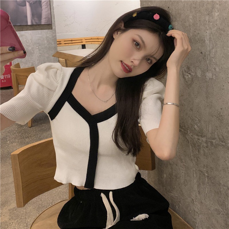 NZN Áo Thun Dệt Kim Tay Ngắn Cổ Chữ V Màu Đen Phong Cách vintage Dành Cho Nữ