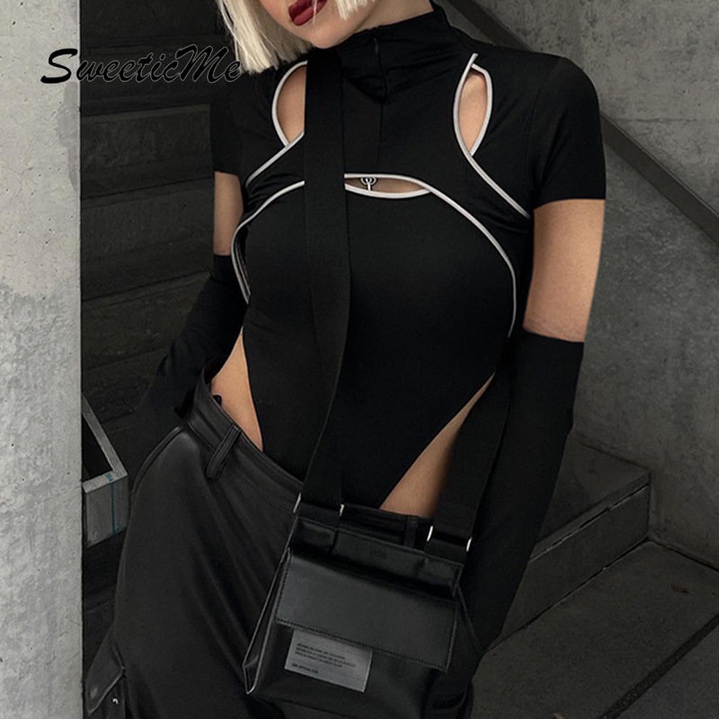 Bộ Áo Liền Quần Cổ Rùa Khoét Lỗ Có Khóa Kéo Màu Tương Phản Thời Trang Mới 2023 Cho Nữ