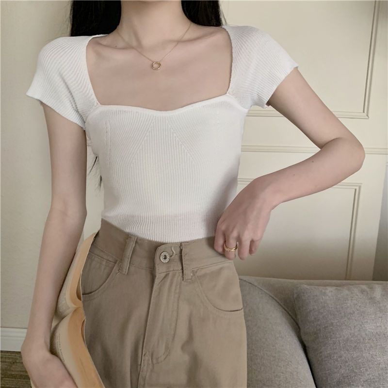 COZOK Áo Thun Dệt Kim Ngắn Tay Cổ Vuông Dáng Ôm Thời Trang Đơn Giản