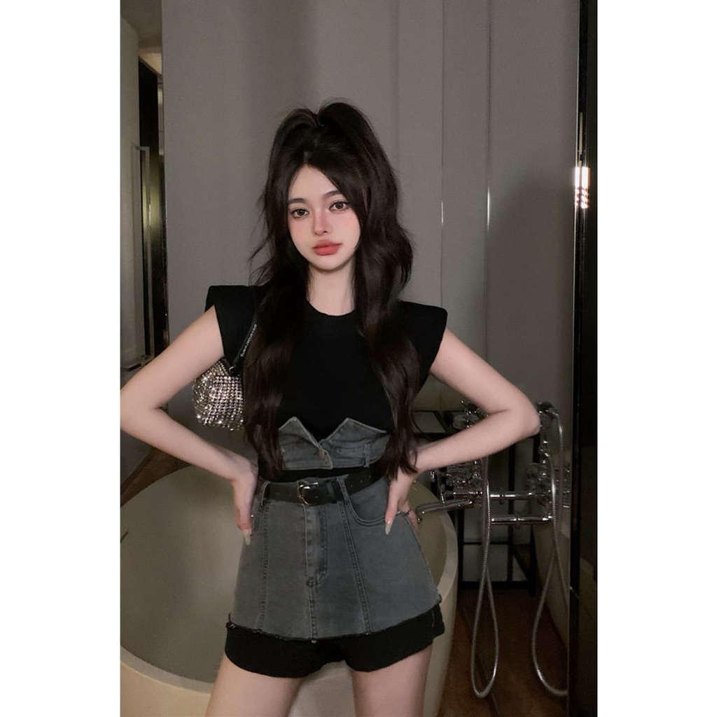 Set Áo Thun Ngắn Tay + Chân Váy Denim Thời Trang Mùa Hè Phong Cách Mới Cho Nữ